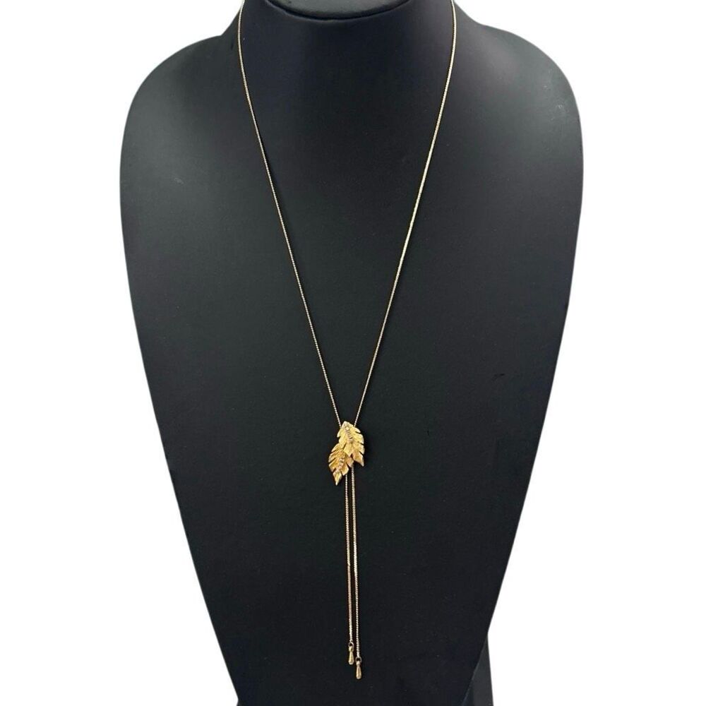 Vtg Lariat Necklace Women's 32" Gold-tone Leaf Sliding Pendant Dangling Tassel